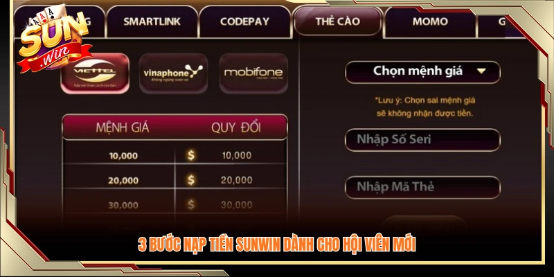Quy trình nạp tiền Sunwin gồm 3 bước đơn giản